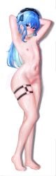 armpits arms_behind_head blue_eyes blue_hair hololive hololive_japan hoshimachi_suisei long_hair small_breasts sweat thick_thighs thigh_strap thighs