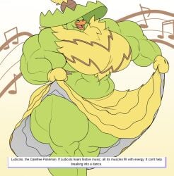 1girls beak dancing dress dress_lift english english_text eyes_closed female forsakun green_body happy ludicolo mouth_open muscle_fetish muscles muscular muscular_arms muscular_female muscular_thighs music_notes musical_note pokedex_entry pokemon pokemon_(species) pokemon_rgby text thighs