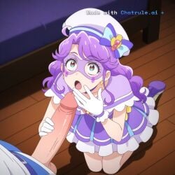 1girl ai_assisted ai_generated anime_screencap bedroom black_lipstick domino_mask gasping hand_to_mouth jester_cap kneeling_on_floor large_penis looking_at_penis looking_up_at_penis medium_breasts night penis_awe surprised viewed_from_above white_facepaint white_gloves wooden_floor