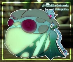 2d areolae armwear blush braided_hair cookie_run cookie_run_kingdom dialogue dress exposed_belly exposed_breasts glowing glowing_belly glowing_eyes green_dress hand_on_hip headwear hi_res highres hyper hyper_breasts hyper_pregnancy inkloving looking_at_viewer nipples pink_areola pink_eyes pregnant red_areola red_eyes sweat torn_clothes white_hair white_lily white_lily_cookie