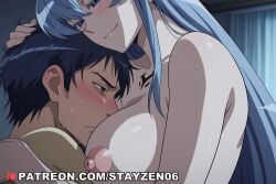 1boy 1girl ai ai_art ai_generated akame_ga_kill! between_breasts black_hair blue_eyes blue_hair blush breasts chest_tattoo closed_mouth clothed_male_nude_female collarbone completely_nude curtains facial_hair half-closed_eyes hand_on_another's_head head_between_breasts hetero hug indoors large_breasts long_hair nipples nude pale_skin short_hair smile stubble sweat sweatdrop tattoo upper_body
