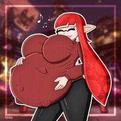 clothed fangs hands_on_belly inkling inkling_girl inkloving kicking leggings long_hair pregnant pregnant_belly red_hair red_sweater ring splatoon
