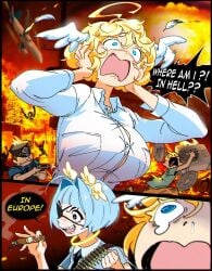 2boys 2girls aircraft airplane angel bullet burning cigar english_commentary europe female fire gabi_(snegovski) highres multiple_girls original police snegovski speech_bubble