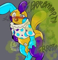 1boy animate_inanimate balloon balloon_animal balloon_creature blush blushing clown clown_nose dandy's_world dandys_world do_not_repost embarrassed fart fart_cloud fart_fetish gassy green_fart inflatable_creature looey_(dandy's_world) male male_only onomatopoeia penis precum solo solo_male stinkslutbunny watermark