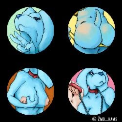 2nd_hams anthro ass big_breasts big_butt blue's_clues blue_(blue's_clues) blue_body blue_fur breasts canid canine canis collar domestic_dog female female_focus female_only fur gesture leash mammal nickelodeon nipple_piercing nipples piercing solo v_sign