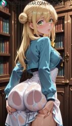 1girls ai_generated artist_name artist_signature ass ass_grab bangs blonde_hair blush breasts grabbing_own_ass green_eyes hair_bun hand_on_ass hi_res high_resolution highres indoors kurutai long_hair looking_at_viewer see-through selma_karsh silent_witch smile solo spread_ass subscribestar subscribestar_username sweat uncensored wet wet_clothes