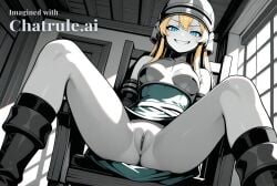 1girl ai_assisted ai_generated beautiful blonde_hair blue_eyes day dress general grayscale grin high_contrast highres indoors long_hair looking_at_viewer no_nose perfect_anatomy pussy sharp_teeth sheath sitting_on_chair slit_pupils smug socks upskirt_view