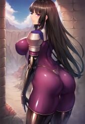 ai_generated big_ass civitai huge_breasts impossible_clothes kamori_sayaka latex_clothing latex_gloves latex_legwear latex_thighhighs nun nun_outfit purple_bodysuit rindou_aya_style shiny_clothes voluptuous