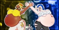 2d 2girls big_man_(splatoon) black_leggings blue_background blue_hair breasts clothed collar deep_cut_(splatoon) dress earrings fangs female female_only frye_(splatoon) gradient_background hachimaki hair_covering_eye hand_on_belly hat headwear hi_res highres idol idol_outfit inkloving leggings looking_at_viewer pants pregnant pregnant_belly pregnant_female purple_hair raised_arm red_eyes sarashi shiny_clothes shiny_skin shiver_(splatoon) sleeveless splatoon tentacle tentacle_hair tied_hair yellow_background yellow_eyes yellow_hair yellow_topwear