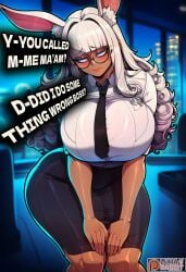 1girl 2026 2d absurd_res absurd_resolution absurdres ai_generated animal_ear_fluff animal_ears black-framed_eyewear black_necktie black_skirt blunt_bangs blurry_background breasts collared_shirt comic curvy dark-skinned_female dark_skin english_text glasses hi_res high_quality high_resolution highres huge_breasts image indoors jewelry leaning_forward lips long_hair looking_at_viewer luma_(lumarabbit) lumarabbit makeup mole mole_under_eye necktie office office_lady patreon patreon_username pencil_skirt rabbit_ears ring shirt skirt solo thick_thighs thighs uncensured viera watermark white_hair white_shirt wide_hips