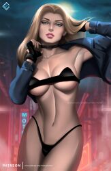 1girls areola_slip big_breasts black_canary blonde_female blonde_hair blue_eyes blush breasts choker cleavage dc dc_comics detailed_background dinah_lance evandromenezes female female_only fingerless_gloves g-string green_arrow_(series) jacket light-skinned_female lingerie looking_at_viewer thick_thighs underboob wide_hips