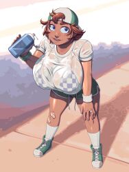 1girls big_breasts breasts_bigger_than_head cap enormous_breasts gigantic_breasts huge_breasts massive_breasts short_hair smile sport sugarbugtrash tagme tomboy water water_bottle wide_hips