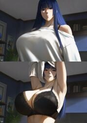 2d 2d_(artwork) armpit armpit_fetish big_boobs big_breasts blue_eyes blue_hair bob_cut bra bra_strap bra_strap_is_showing_(meme) cleavage cleavage_cutout hololive hololive_english huge_breasts large_breasts long_hair looking_at_viewer natural_light ouro_kronii pale-skinned_female pose posing_for_the_viewer shirt shirt_down shirt_lift shirt_pull shirt_up shirtless sideboob slim slim_female smiling_at_viewer smirking smirking_at_viewer stebynno stripping tagme teasing teasing_viewer undressing
