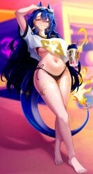 big_boobs big_breasts black_bikini black_panties black_underwear blue_hair clero_art crop_top dragon_girl dragon_tail earrings feet gamersupps gold_earrings gold_nails gold_toenails gta_vi_cover_girl hair_between_eyes hand_on_head light-skinned_female long_hair navel navel_piercing red_eyes sunglasses sunglasses_on_head sweat sweatdrop sweating sweaty sweaty_body thighs tummy vienna_(vtuber)