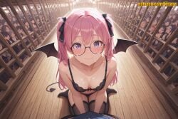 1boy 1girl 6+boys 6+girls ai_generated bare_shoulders black_bra black_panties black_ribbon black_thighhighs black_wings blush bra breasts bulge cage cleavage closed_mouth collarbone crowd cum cum_on_body cum_on_breasts demon_girl demon_tail demon_wings erection erection_under_clothes exhibitionism facial fisheye glasses hair_ribbon hetero indoors long_hair looking_at_viewer low_wings medium_breasts multiple_boys multiple_girls navel nivora original original_character panties patreon penis pink_hair pov public_indecency purple_eyes ribbon seiza sitting skirt small_breasts smile solo_focus tail thighhighs twintails underwear underwear_only wings wooden_floor