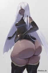 ass bamboo_ale bangs big_ass big_butt bottom_heavy bubble_ass bubble_butt dark-skinned_female dark_skin fat_ass fat_butt from_behind grey_hair hips huge_ass huge_butt leotard long_hair looking_at_viewer looking_back nier_(series) nier_reincarnation pear_shaped plump plump_ass small_breasts thick_thighs thighhighs thighs thunder_thighs voluptuous wide_hips yurie_(nier)