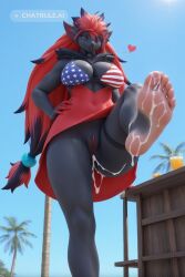 1girl 5_toes after_anal ai_assisted ai_generated american_flag_bikini anus barefoot black_choker breasts choker cleavage clothed clothing covered_navel cum cum_in_ass cum_inside cum_on_body cum_on_feet cumdrip dress feet female female_focus fluffy_fur foot_fetish foot_focus foreshortening from_below hand_on_own_hip heart long_hair looking_at_viewer looking_down_at_viewer medium_breasts no_panties no_underwear pussy red_dress smile soles solo solo_focus standing standing_on_one_leg sweat thigh_strap toes zoroark zoroark_(bom39)