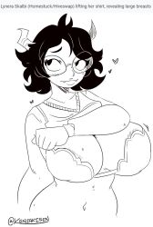 artist_name black_hair blush bra fangs female female_only glasses heart hiveswap homestuck horns large_breasts lynera_skalbi midriff monochrome ms_paint_adventures ramenshopkenz shirt_lift sketch solo solo_female sweater sweater_lift sweater_vest text vest