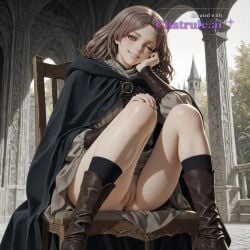 1girl ai_assisted ai_generated beautiful black_cloak brown_eyes brown_hair day dress elden_ring general grayscale grin high_contrast highres hood_down hooded_cloak indoors looking_at_viewer medium_hair melina_(elden_ring) no_nose one_eye_closed outdoors perfect_anatomy pussy scar_across_eye sharp_teeth shirt sitting sitting_on_chair skirt slit_pupils smug socks upskirt_view