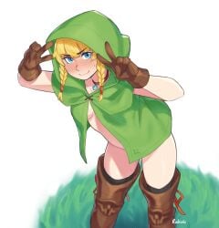 blonde_hair blue_eyes blush bottomless cloak clothing collar exposed_torso footwear gloves handwear hood_up hylian hyrule_warriors legwear linkle naked_under_clothes neckwear open_cloak open_clothes outerwear pale_skin rob_ishi sweat swimwear the_legend_of_zelda thigh_boots twintails