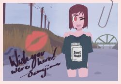 1girls alternate_version_available band_shirt covering_self flcl in_water lipstick_mark mamimi_samejima nude nude_female one_eye_closed photo postcard river shirt standing standing_in_water toast2toasty