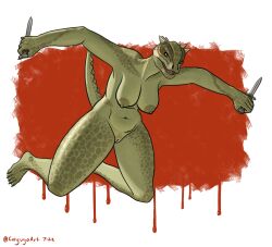 2022 2d absurd_res angry anthro areola belly bethesda_softworks big_breasts blood bodily_fluids breasts cayugo dagger deeja digital_drawing_(artwork) digital_media_(artwork) feet female fingers genitals green_body hi_res holding_object holding_weapon horn lunging melee_weapon midair navel nipples non-mammal_breasts nude pussy scales scalie scalie_female scalie_only shaded sharp_teeth simple_background skyrim solo tail teeth the_elder_scrolls thick_thighs video_games weapon yellow_eyes