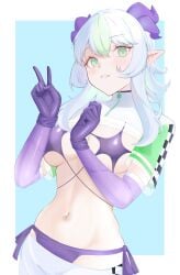 1girls absurdres belly_button bikini blue_background breasts checkered_clothes demon_girl demon_horns elbow_gloves female froot gloves green_eyes green_hair hair_between_eyes highres horns indie_virtual_youtuber large_breasts medium_hair multicolored_hair multiple_horns navel pointy_ears purple_bikini purple_gloves purple_horns race_queen shrug_(clothing) sidelocks skirt solo streaked_hair swimsuit virtual_youtuber vtuber white_shrug white_skirt