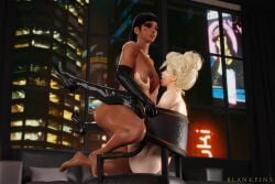 2girls 3d 3d_(artwork) blankpins breast_sucking breasts dark-skinned_female fit_female high_heels latex_gloves latex_stockings licking mercy muscular_female overwatch pharah tongue_out yuri