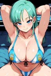 ai_assisted ai_generated argentina armpits big_breasts bikini blue_eyes blush bulma_briefs curvy_figure cyan_hair sfw smiling stadium sweat white_skin