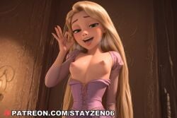 1girl ai ai_art ai_generated blonde_hair blue_eyes blush breasts breasts_out breath corset disney dress fellatio_gesture green_eyes handjob_gesture heavy_breathing indoors lamp lantern loli long_hair long_sleeves looking_at_viewer naughty_face nipples no_bra ok_sign open_clothes open_dress open_mouth oral_invitation perky_breasts pink_dress purple_dress saliva small_breasts smile solo teeth tongue tongue_out upper_body upper_teeth_only very_long_hair
