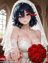 1boy 1girl ai_generated arch arlequin097 bare_shoulders black_hair blue_eyes blue_hair blush bouquet breasts bridal_veil bride church cleavage closed_mouth collarbone detached_sleeves dress falling_petals fingernails flower hair_between_eyes head_tilt holding holding_bouquet holding_hands indoors jewelry kill_la_kill large_breasts lips looking_at_viewer matoi_ryuuko multicolored_hair ornate_ring out_of_frame petals pov pov_hands red_flower red_hair red_rose ring rose rose_petals see-through shiny_skin short_hair smile solo_focus strapless strapless_dress streaked_hair two-tone_hair upper_body veil wedding_dress wedding_ring white_dress window