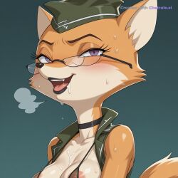 1girl adult ai_assisted ai_generated areola_slip aroused black_choker black_lipstick cameltoe cartoon choker cleft_of_venus cowboy_shot crazy_smile drooling erect_nipples exhausted female fox_tail from_side furry glasses gluteal_fold headshot heavy_breathing high_quality horny large_areola lewd looking_at_viewer micro_bikini military_hat oiled_body open_mouth orange_fur petite piercing posing puffy_areola puffy_lips purple_eyes pussy_juice_leaking red_cheeks seductive_expression see_through sexy_pose smiling solo squirrel_and_hedgehog sweaty teasing tight_clothing tongue_out wardrobe_malfunction wet_hair