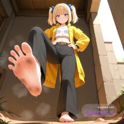 1girl ai_assisted ai_generated barefeet belt big_feet black_pants blonde_hair blue_eyes dark_skin dirty_feet from_below full_body hands_on_hips long_sleeves long_toes looking_at_viewer luna mia navel presenting_foot princess sole_focus standing standing_on_one_leg stinky_feet sweaty_feet twintails yellow_jacket