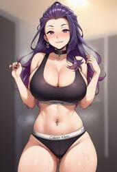 ai_generated big_breasts biting_lip calvin_klein eyes_half_open nabila_gele original_character purple_hair steamy_breath sweat underwear