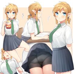 bangs blonde_hair blue_eyes breasts breath_of_the_wild collared_shirt earrings elf_ears genderswap_(mtf) juice_box large_breasts link link_(breath_of_the_wild) necktie nintendo open_book pointy_ears ponytail rule_63 school_desk school_uniform shirt_tucked_in shorts shorts_under_skirt the_legend_of_zelda ttanuu.