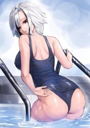 1girls arlecchino_(genshin_impact) ass back bikini breasts cloverse6 dat_ass female from_behind genshin_impact hi_res looking_at_viewer one-piece_swimsuit pool short_hair swimsuit water wet wet_skin white_hair