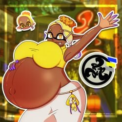 2d breasts clothed deep_cut_(splatoon) fangs female female_only frye_(splatoon) hand_on_belly hat headwear hi_res highres idol idol_outfit inkloving looking_at_viewer pants pregnant pregnant_belly pregnant_female purple_hair raised_arm shiny_skin sleeveless splatoon tentacle tentacle_hair tied_hair yellow_background yellow_eyes yellow_hair yellow_topwear