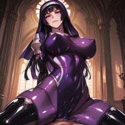 ai_generated big_ass civitai huge_breasts impossible_clothes kamori_sayaka latex_clothing latex_gloves latex_legwear latex_thighhighs nun nun_outfit purple_bodysuit rindou_aya_style shiny_clothes voluptuous