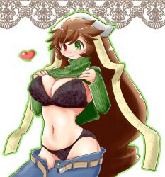 bra brown_hair female heterochromia huge_breasts itini-sanshi long_hair panties rozen_maiden shirt_lift suiseiseki underwear undressing