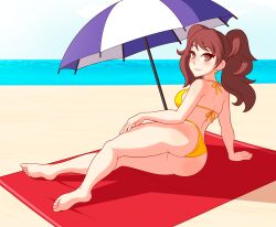 1girls arm_support ass atlus beach big_ass big_breasts bikini blush breasts brown_hair bubble_butt busty chemical_bro dat_ass feet female female_only highres kujikawa_rise large_breasts legs looking_at_viewer looking_back lying megami_tensei ocean persona persona_4 retropunch sega sideboob smile solo swimsuit thighs towel twintails water yellow_bikini yellow_eyes