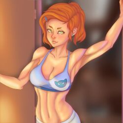 1girls artist_request ben_10 breasts dressed female female_only green_eyes gwen_tennyson muscular red_hair short_hair smile_face solo tummy