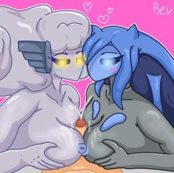 1boy 2girls anahita blue_eyes blue_hair blue_nipples boobjob boobs breasts calamity_mod cloud_elemental cum cum_on_breasts cumming fluffy_hair mermaid monster_girl no_mouth penis penis_between_breasts terraria white_skin yellow_eyes