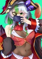 1girls belly_button black_nails breasts byte-artist cellphone cosplay demon_girl demon_horns demon_wings eyepatch eyeshadow female froot green_background green_eyes green_hair grey_hair hat highres hololive horn_piercing horns houshou_marine houshou_marine_(cosplay) indie_virtual_youtuber leotard makeup medium_breasts midriff multicolored_hair multiple_horns navel phone pirate_hat purple_eyeshadow purple_horns see-through_clothes see-through_leotard short_hair sidelocks skirt smartphone solo streaked_hair vest virtual_youtuber vtuber wings