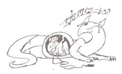 anthro canid canine canis domestic_dog dragon duo female feral frustrated hi_res male mammal monochrome music_player musical_note musical_symbol mythological_carbuncle mythological_creature mythological_scalie mythology pregnant pregnant_female scalie symbol umbilical_cord unbirthing uterus vaginal vore woodhouse3d