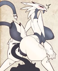anthro areola big_breasts big_butt biped black_body black_sclera blush breasts butt curvy_figure dragon eyelashes feces female genitals hi_res huge_breasts io_(sepiruth) looking_back machine mechanical_dragon mythological_creature mythological_scalie mythology nipples non-mammal_breasts non-mammal_nipples nude nude_anthro nude_female open_mouth pooping presenting presenting_hindquarters raised_tail robot sagging_breasts scalie sepiruth simple_background solo standing surprised tail thick_thighs tongue vulva white_body wide_hips
