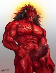 3_eyes abs anthro balls begtse_(god_of_war) biceps bodily_fluids bone claws colored deity dharmapala digital_drawing_(artwork) digital_media_(artwork) erection genital_fluids genitals glans god_of_war hair hi_res humanoid_genitalia humanoid_penis lykke male multi_eye muscular muscular_anthro muscular_male not_furry nude nude_anthro nude_male pecs penis portrait precum red_balls red_body red_glans red_penis scalie simple_background skull solo sony_corporation sony_interactive_entertainment standing vein veiny_penis