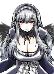 black_dress cleavage female goth goth_girl gothic_lolita huge_breasts itini-sanshi long_hair red_eyes rozen_maiden silver_hair suigintou tagme wings