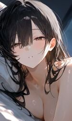 1girl 1girls ai_generated bedroom black_hair breasts brown_eyes girlfriend impacter long_hair medium_breasts naked naked_female on_bed wife