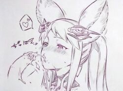 1boy animal_ears blush commentary_request cum cum_string erune fellatio female granblue_fantasy heart highres long_hair metera_(granblue_fantasy) mole mole_under_mouth monochrome oral penis spoken_heart traditional_media tsukareta_san twintails upper_body