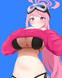 1girl absurdres arcbun bikini black_bikini blue_archive blue_background blush breasts closed_mouth eimi_(blue_archive) eimi_(swimsuit)_(blue_archive) goggles goggles_on_head halo high_ponytail highres jacket large_breasts long_hair long_sleeves looking_at_viewer pink_hair ponytail purple_eyes red_jacket side-tie_bikini_bottom simple_background solo swimsuit underboob zipper